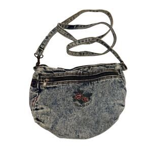 VINTAGE SHANE & CO 90s Y2K distressed denim embroidered double zip crossbody